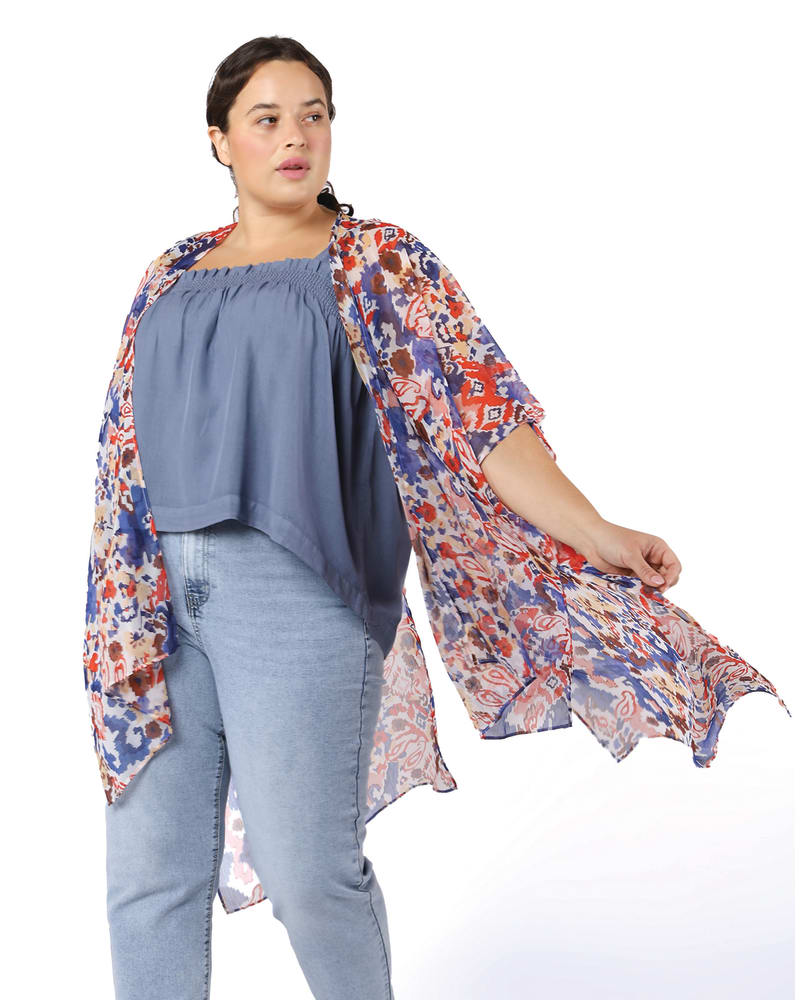 Plus size model wearing Salehi Printed Chiffon Kimono by DEX PLUS | Dia&Co | dia_product_style_image_id:203925